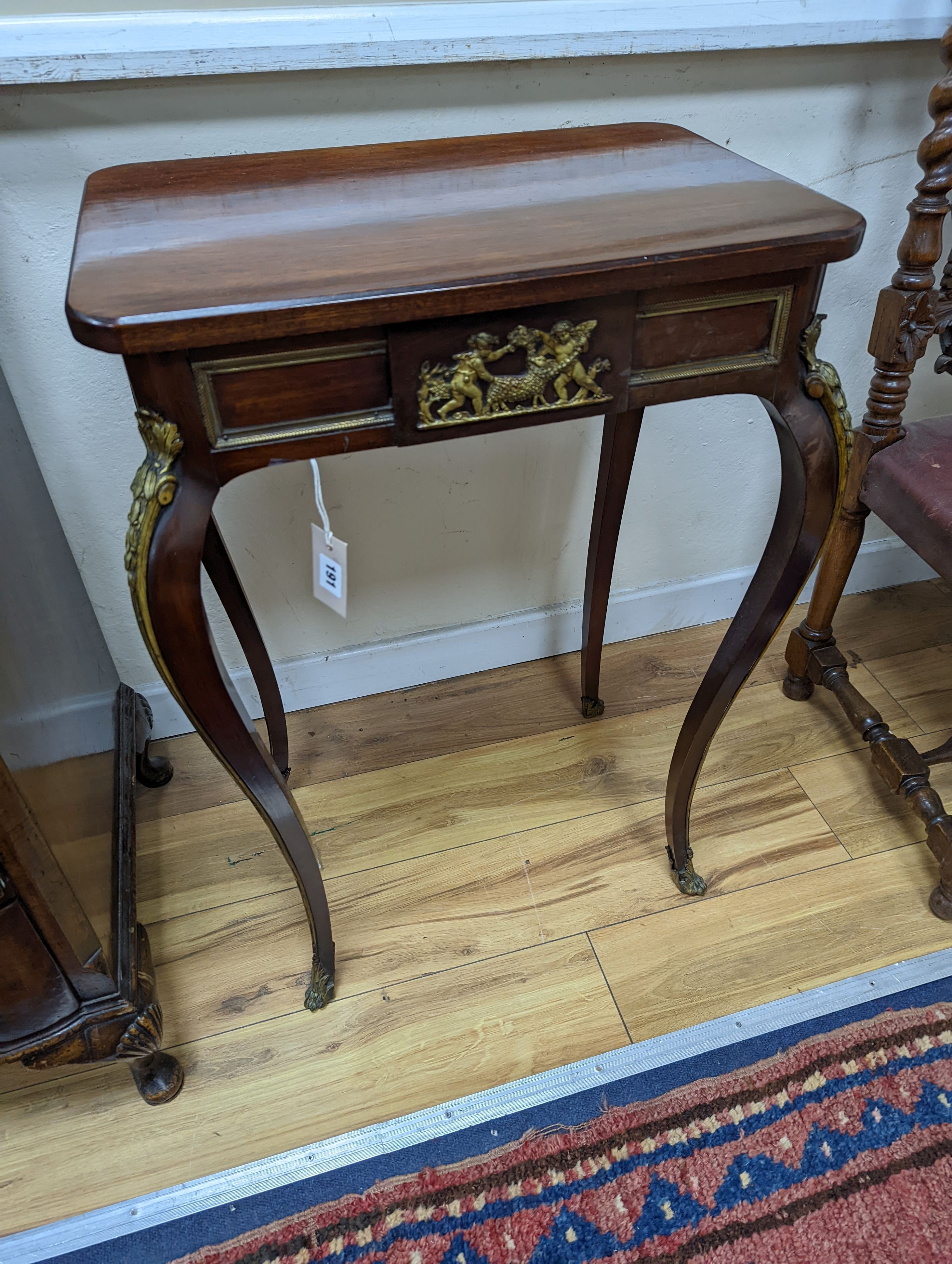 An early 20th century French rectangular gilt metal mounted mahogany small centre table with later top, width 55cm, depth 38cm, height 79cm